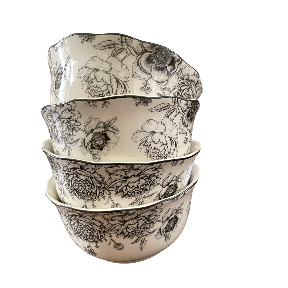 222 FIFTH Fine Porcelain Dashney Floral Salad Bowls 6in Gray White Set of 4 NEW